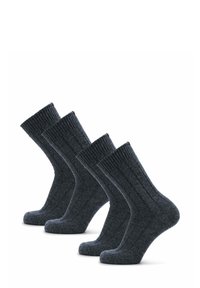 Cuatro pares de calcetines de rayas gris oscuro con un puño grueso, que cuentan con una tela suave y texturizada, así como un talón y puntera reforzados.