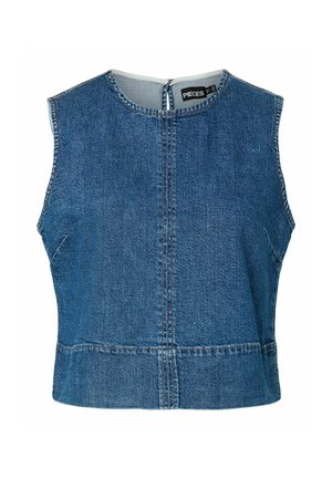 Niebieski, bezrękawnik z dżinsu, krótki top z okrągłym dekoltem, centralnym szwem oraz zamkiem na plecach, metka z napisem "PIECES" wewnątrz kołnierza.