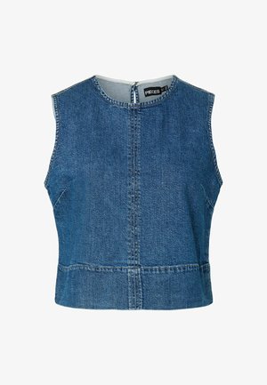 Niebieski, bezrękawnik z dżinsu, krótki top z okrągłym dekoltem, centralnym szwem oraz zamkiem na plecach, metka z napisem "PIECES" wewnątrz kołnierza.