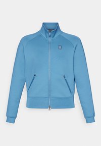 Blaues Zip-Up Sweatshirt aus weichem Stoff, mit hohem Kragen, zwei seitlichen Taschen und ribbelten Bündchen an den Ärmeln und am Saum.
