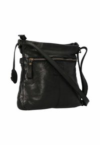 Borsa a tracolla in pelle nera con chiusura a zip, tracolla regolabile e tasca anteriore con zip. Texture morbida e design minimalista.