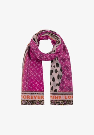 Écharpe rose avec des motifs variés incluant des fers à cheval blancs, des taches noires, une bordure florale et un texte orange indiquant "FOREVER MINE LOVE."