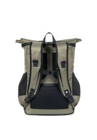 Green roll-top backpack with black accents, padded straps, and mesh side pockets. Features adjustable buckles and a textured fabric surface.