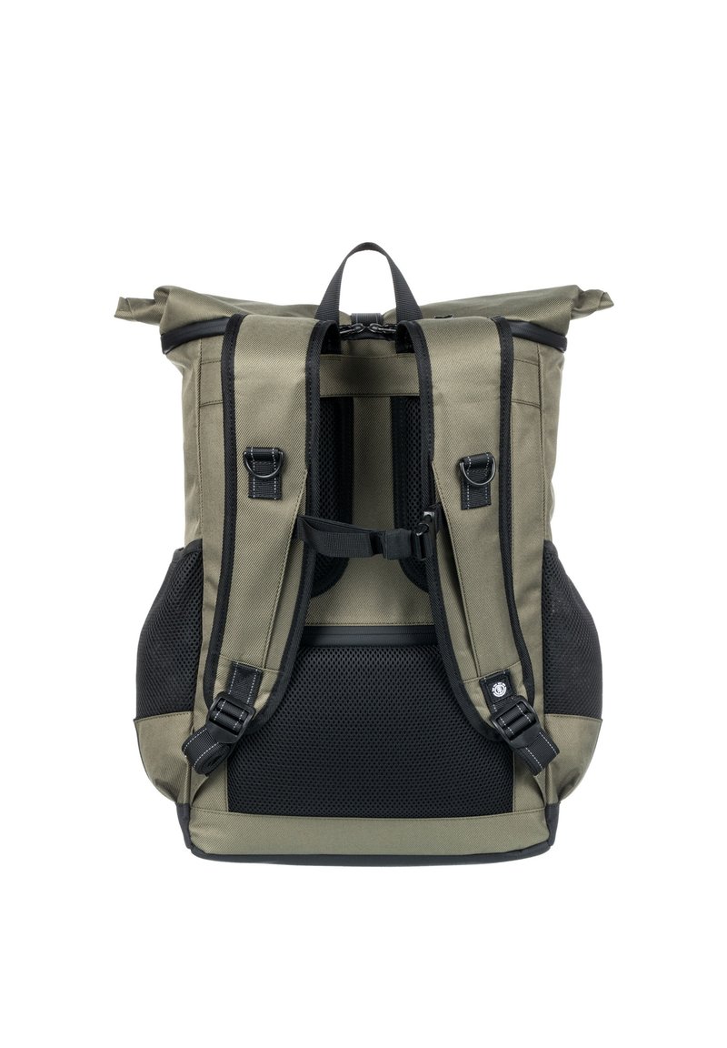 Green roll-top backpack with black accents, padded straps, and mesh side pockets. Features adjustable buckles and a textured fabric surface.
