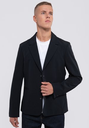Black blazer with a notched lapel, single button closure, and two front pockets. Smooth texture, fitted design, with subtle stitching details.