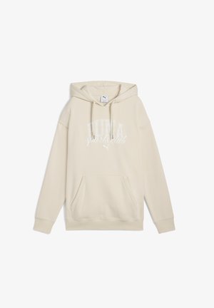 Béžová mikina s kapucňou vyrobená z mäkkej tkaniny, s prednou kapsou, kapucňou so sťahovacou šnúrkou a bielym reliéfom loga "PUMA sports club".