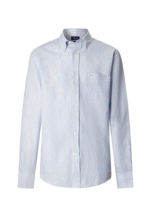 Lichtblauw-wit verticaal gestreept overhemd met lange mouwen, knoopsluiting, een button-down kraag en een borstzak met een klein logolabel.