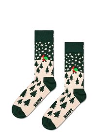 Calcetines verdes y crema con un patrón de bosque y estrellas. Presentan motivos de árboles perennes y un muñeco de nieve, con el texto "FELIZ" en la suela.
