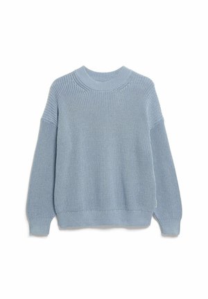 Light blue knitted sweater with a round neckline, dropped shoulders, and ribbed trims at the cuffs and hem. Textured fabric.