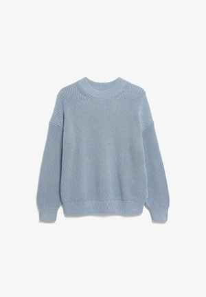 Light blue knitted sweater with a round neckline, dropped shoulders, and ribbed trims at the cuffs and hem. Textured fabric.