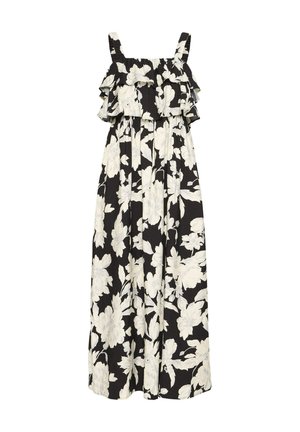 Fekete maxi ruha fehér virágmintával, ujjatlan, fodros nyakkivágással és rugalmas derékrésszel.
