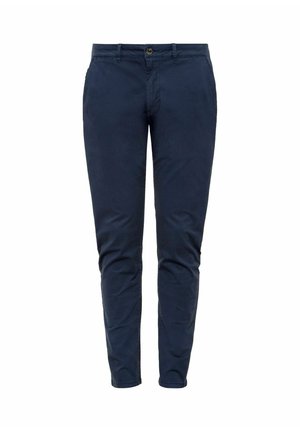 Granatowe męskie chinosy o slim fit, z zapięciem na guzik z przodu i dwoma bocznymi kieszeniami, wyeksponowane na neutralnym tle.