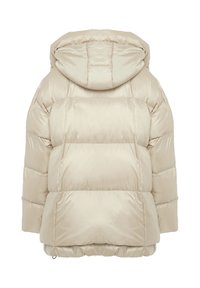 Giubbotto puffer beige con cappuccio, caratterizzato da un design trapuntato, ampi pannelli orizzontali e un bordo inferiore arricciato per un maggiore calore.