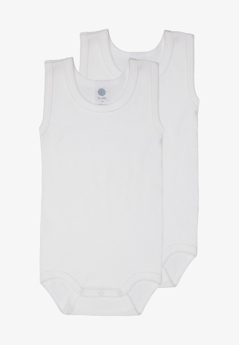 To hvite ermeløse bodysuits laget av myk bomull, med runde utringninger og trykknapper i bunnen for enkel påkledning.