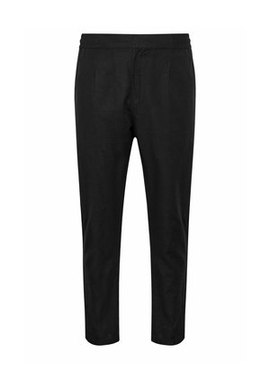 Zwarte, op maat gemaakte broek met rechte pijpen, voorzakken en een tailleband met lussen, weergegeven op een witte achtergrond.