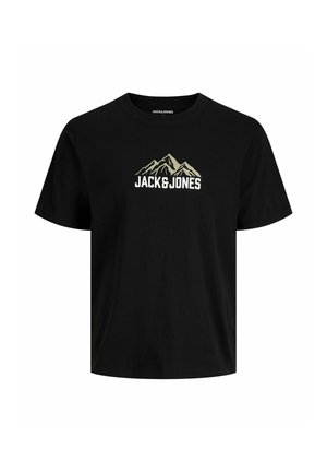 T-shirt noir à manches courtes avec un col rond et un graphique de montagne beige au-dessus du texte "JACK & JONES" sur la poitrine.