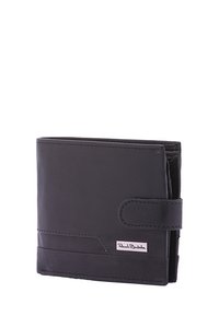 Portafoglio in pelle nera con design a bi-fold, chiusura a scatto sicura e piccolo logo impresso nella parte anteriore. Presenta cuciture diritte.