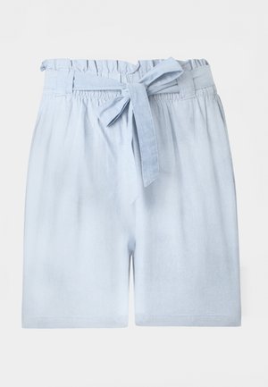 Light blue high-waist shorts with gathered elastic waistband and matching tied fabric belt.