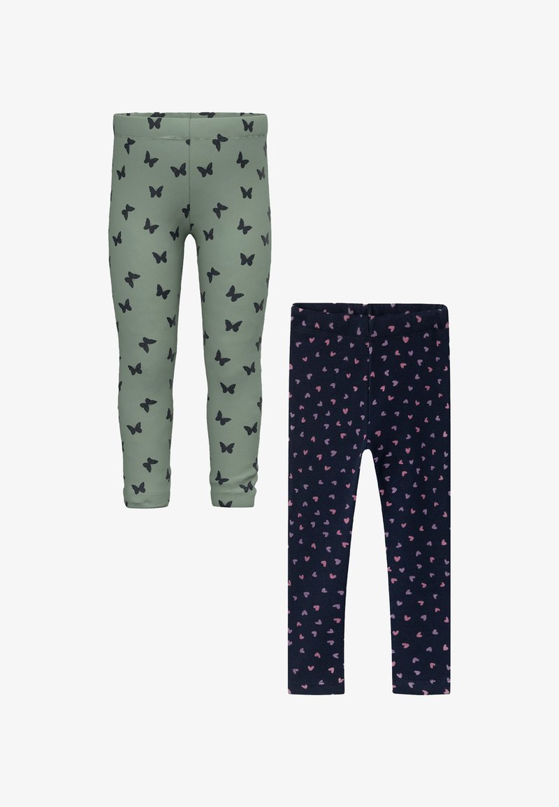 Zwei Paare Kinderleggings: eine olivgrün mit schwarzen Schmetterlingsmustern und eine navy mit rosa Herzdesigns. Weicher Stoff, schmaler Schnitt.