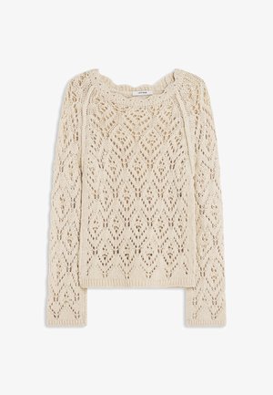 Kreminės spalvos megztinis ilgomis rankovėmis su deimanto formos nėrinių raštu ir apvalia apykakle, pažymėtas "IVY OAK".