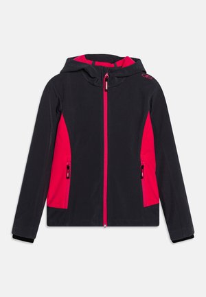 Zwarte jas met roze accenten, gemaakt van lichtgewicht materiaal. Beschikt over een capuchon, volledige rits en twee zijzakken met rits.