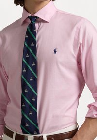 Camicia col colletto rosa chiaro con una sottile trama, abbinata a una cravatta blu navale con strisce verdi e motivi dorati di leoni, fermata con una cintura marrone.