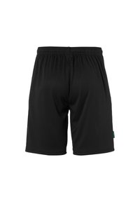 Sorte sportsbukser lavet af letvægts, strækbart stof. Har en elastisk talje, længde til midt på låret og et lille grønt logo mærke.