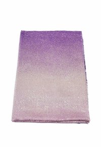 Tessuto piegato con un gradiente che va dal viola al lavanda chiaro, decorato con piccole paillettes argentate sparse ovunque.