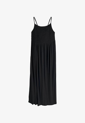 Must mustriga, millel on reguleeritavad spagetitridorid, volüümikas kehaosa ja voolav, kihiline seelik. Valmistatud kergest kangast, millel on peen tekstuur.