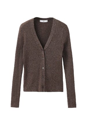Brun ribbestrikket cardigan med lange ærmer, v-udskæring og fem knapper foran. Materialet har en subtil metalglans.