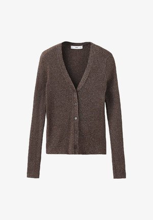 Brauner gerippter Cardigan mit langen Ärmeln, V-Ausschnitt und fünf Knöpfen auf der Vorderseite. Das Material hat einen subtilen metallischen Glanz.
