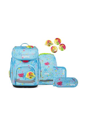 Light blue children's backpack set with star patterns, featuring a large main bag, smaller backpack, and pencil case. Includes colorful badges.