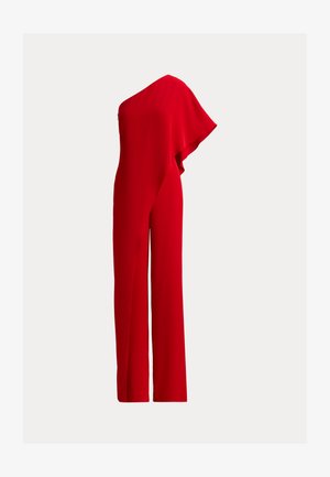 Rode jumpsuit met één schouder, gemaakt van gladde stof. Kenmerkt zich door een vloeiend ontwerp met brede pijpen en een asymmetrisch capedetail aan één kant.