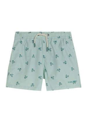 Pantalones cortos verde claro con patrón de calaveras y huesos cruzados en verde oscuro y cintura con cordón blanco, logo "Scalpers" cerca del dobladillo.