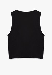 Jersey sin mangas negro, tejido texturizado, escote redondo, dobladillo acanalado, diseño sencillo, sin patrones o accesorios visibles.