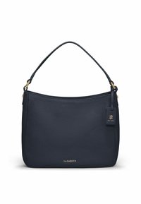 Navy Lederhandtasche mit strukturiertem Finish, geschwungener Silhouette, einarmigem Schulterriemen, goldenen Beschlägen und geprägt Logoanhänger.