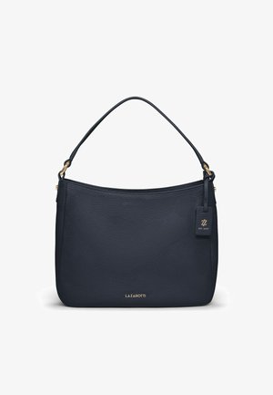 Donkerblauwe leren handtas met een gestructureerde afwerking, gebogen silhouet, enkele schouderband, gouden hardware en een verdiept logo-label.