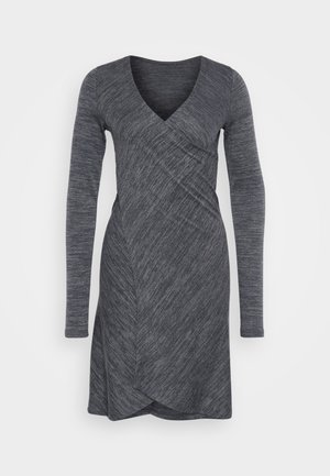 Long-sleeve wrap dress in a dark heather gray, featuring a deep V-neck, textured fabric, and asymmetrical hem. Stretchy and fitted design.