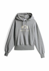 Felpa grigia con cappuccio, presenta un logo ricamato in oro, polsini e fondo a costine, realizzata in tessuto morbido e dotata di chiusura con coulisse.