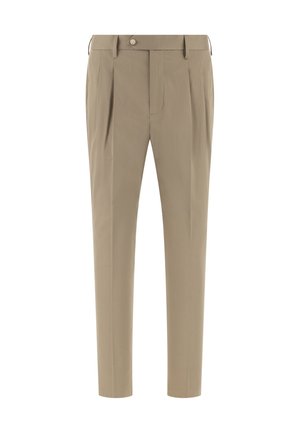 Pantalones beige hechos a medida con pliegues, cierre de botones, trabillas para cinturón y piernas rectas, exhibidos sobre un fondo blanco.