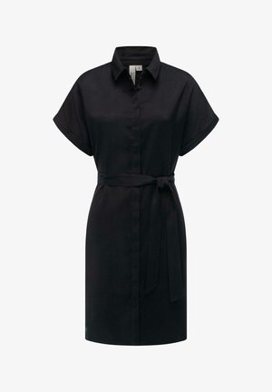 Zwarte jurk met korte opgerolde mouwen, knoopsluiting aan de voorkant en een bijpassende riem in de taille. Gladde stoftextuur.