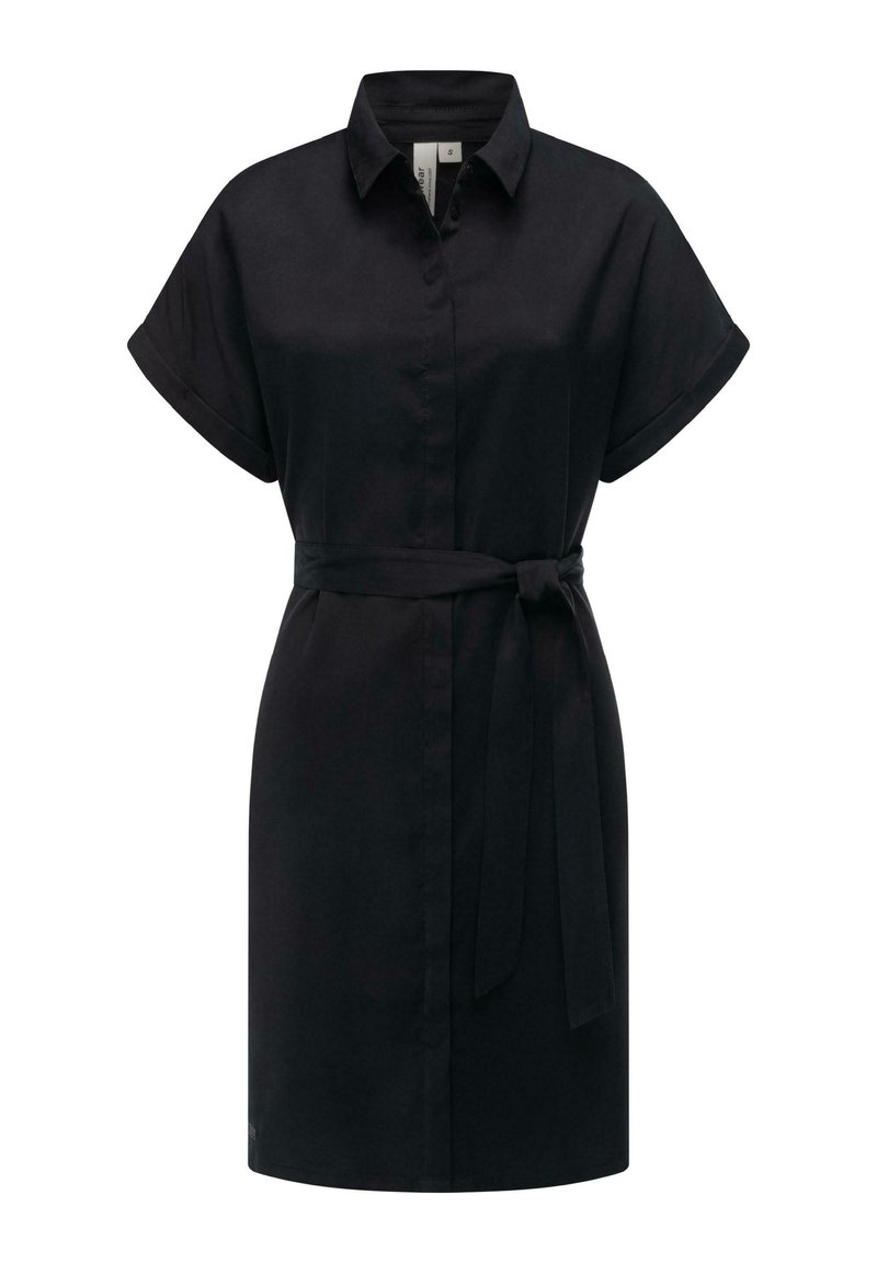 Black shirt dress with short rolled sleeves, button front closure, and a matching belt at the waist. Smooth fabric texture.