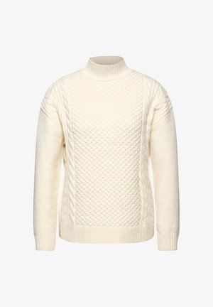 Cream-colored knitted sweater with a high neck, featuring textured patterns and cable knit accents on the shoulders and sides.
