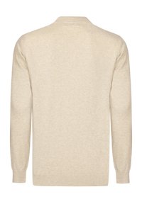 Beige strikket sweater med rund halsudskæring, lange ærmer og ribstrikkede manchetter og kant. Glat tekstur, enkelt design uden pynt.