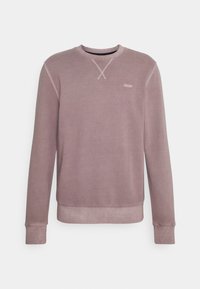 Felpa in cotone viola con maniche lunghe, colletto rotondo e un sottile ricamo a croce. Presenta un piccolo logo "JOOP!" sul petto.