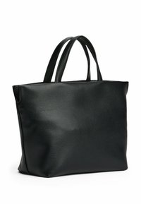 Grand sac fourre-tout en cuir noir avec une finition texturée, doté de doubles poignées et d'une ouverture en haut, offrant un compartiment principal spacieux.