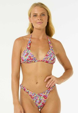 Floral bikini set in multicolor fabric, featuring a triangle top with ruffled straps and low-rise bottoms with side accents.