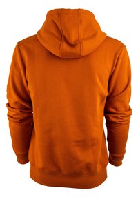 Sudadera capucha naranja, con una textura suave, puños acanalados y un bolsillo tipo canguro. La parte trasera presenta un diseño sin costuras y un dobladillo ajustado.