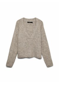 Pull en maille grosse, gris clair, avec un col en V et des manches longues, présentant un tissu texturé et un design court.