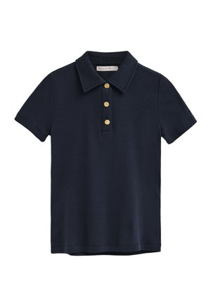Marineblauw korte mouwen poloshirt met een puntige kraag en drie gouden knopen op de voorste sluiting.
